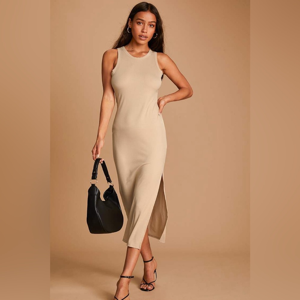 Lulu's Simply Wonderful Tan Ribbed Bodycon Midi Dress